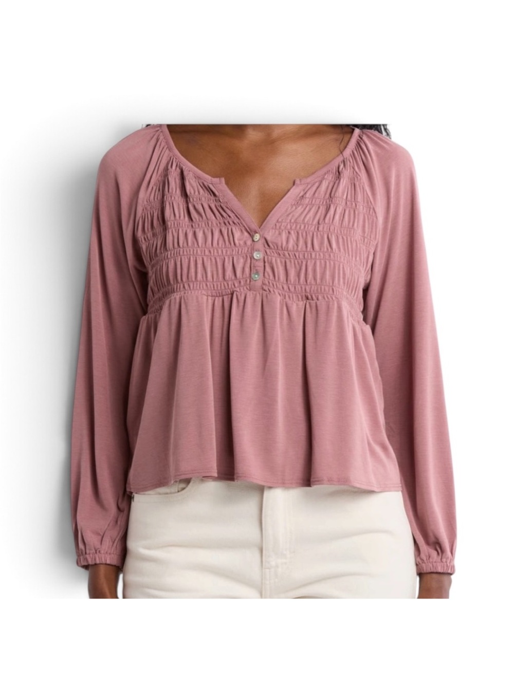 NWT LUCKY BRAND Long Sleeve Smocked Sandwash Top in Rose Brown Size X-Large